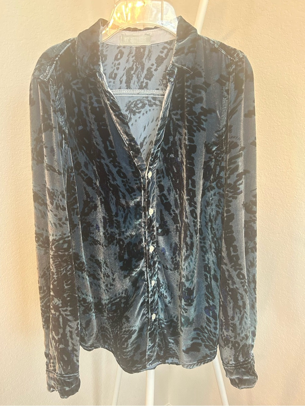 CP Shades Blue Gray Velvet Burnout Button-Down Blouse, XS